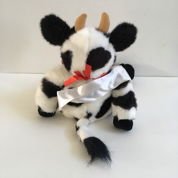 1997 Build A Bear Holstein Cow Bell Bow Tie Sash 18" White & Black Stuffed Plush - Picture 7 of 16